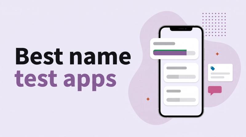 Illustrated title card reading 'Best name test apps' beside a phone with three blank name-tag cards and vote bars