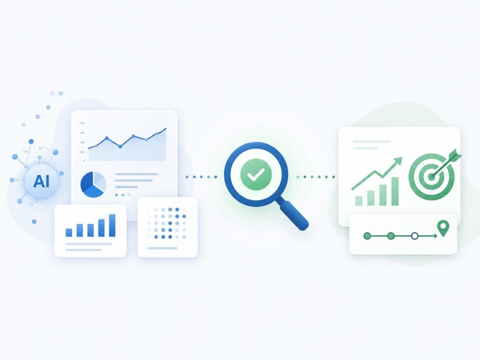 AI-generated research being reviewed and validated before informing a strategic business decision.