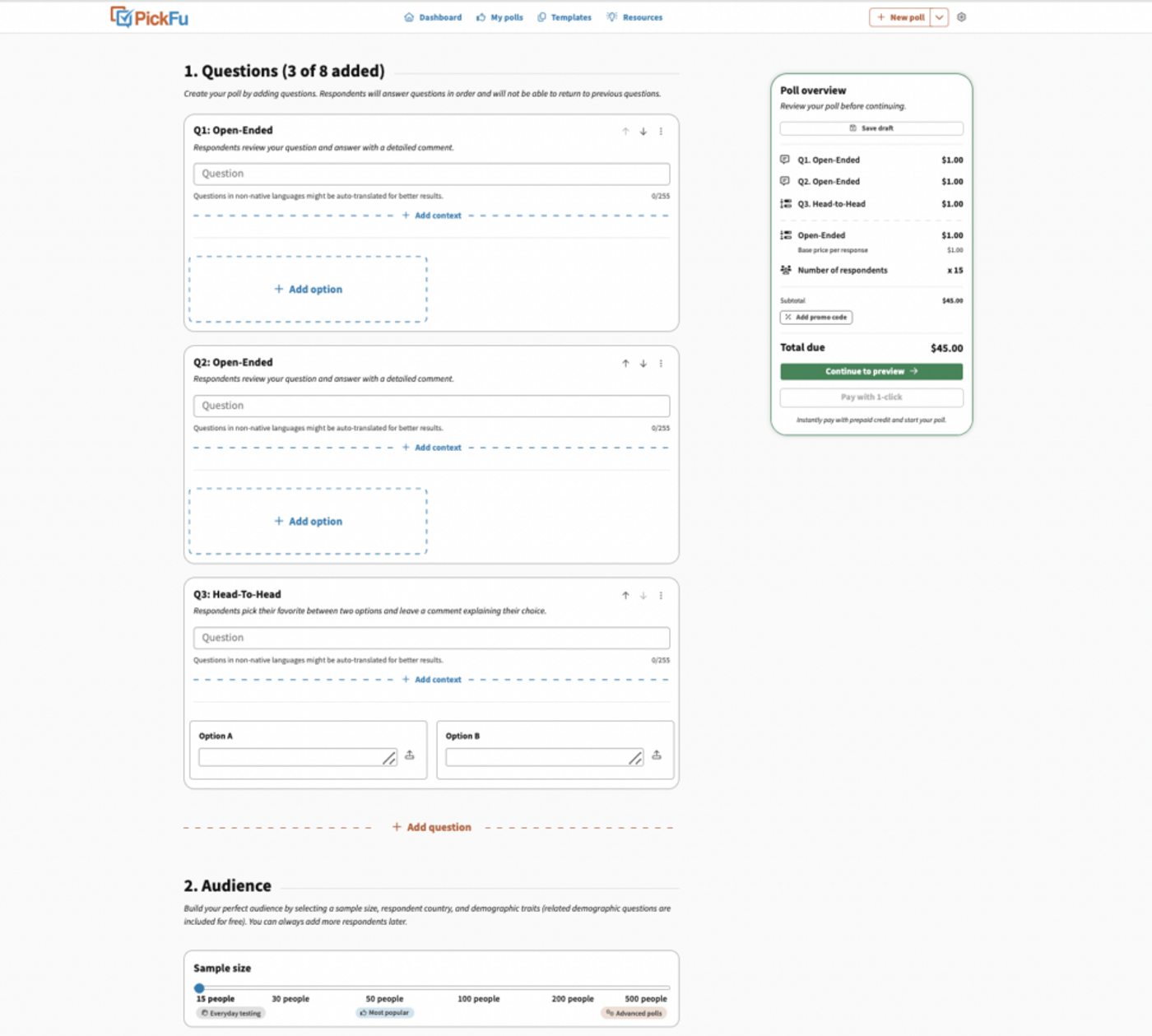 PickFu survey builder showing the question, options and audience steps