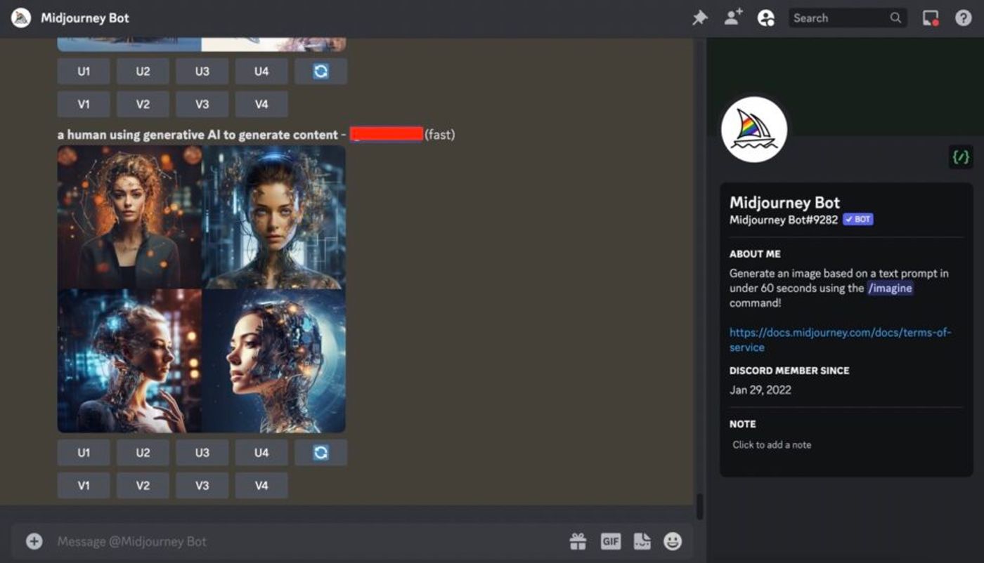 A screenshot showcasing midjourney in discord with a few prompts Large