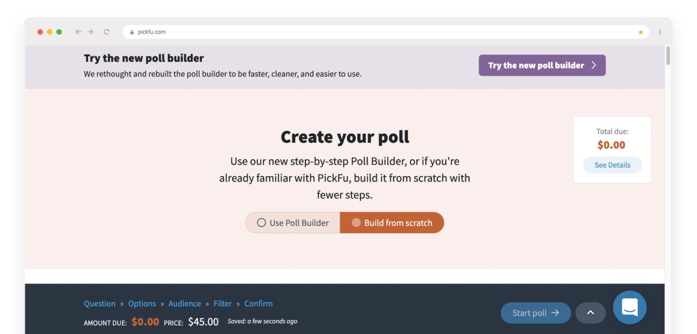 Screenshot of the new Poll Builder option on the "Create your poll" screen