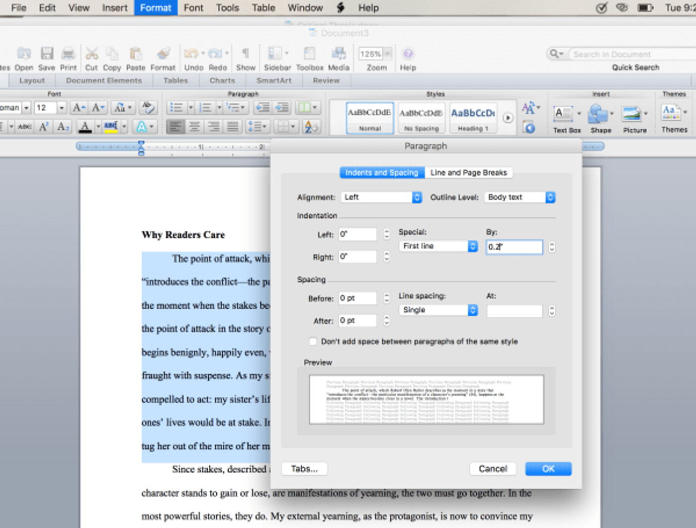 Microsoft Word paragraph dialog for indents and spacing