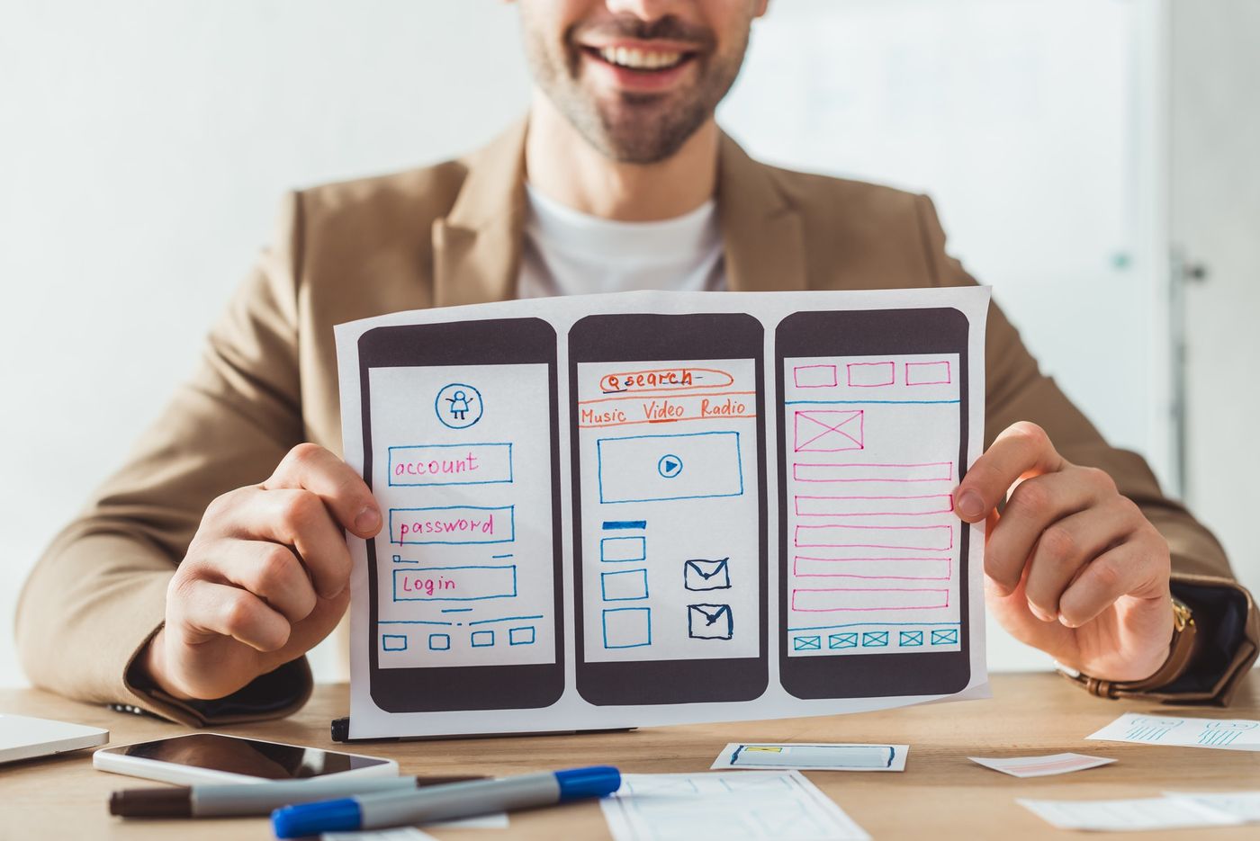 First click testing: Cropped view of smiling designer showing mobile website wireframe sketches at table