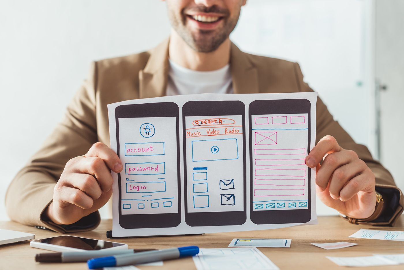 First click testing: Cropped view of smiling designer showing mobile website wireframe sketches at table