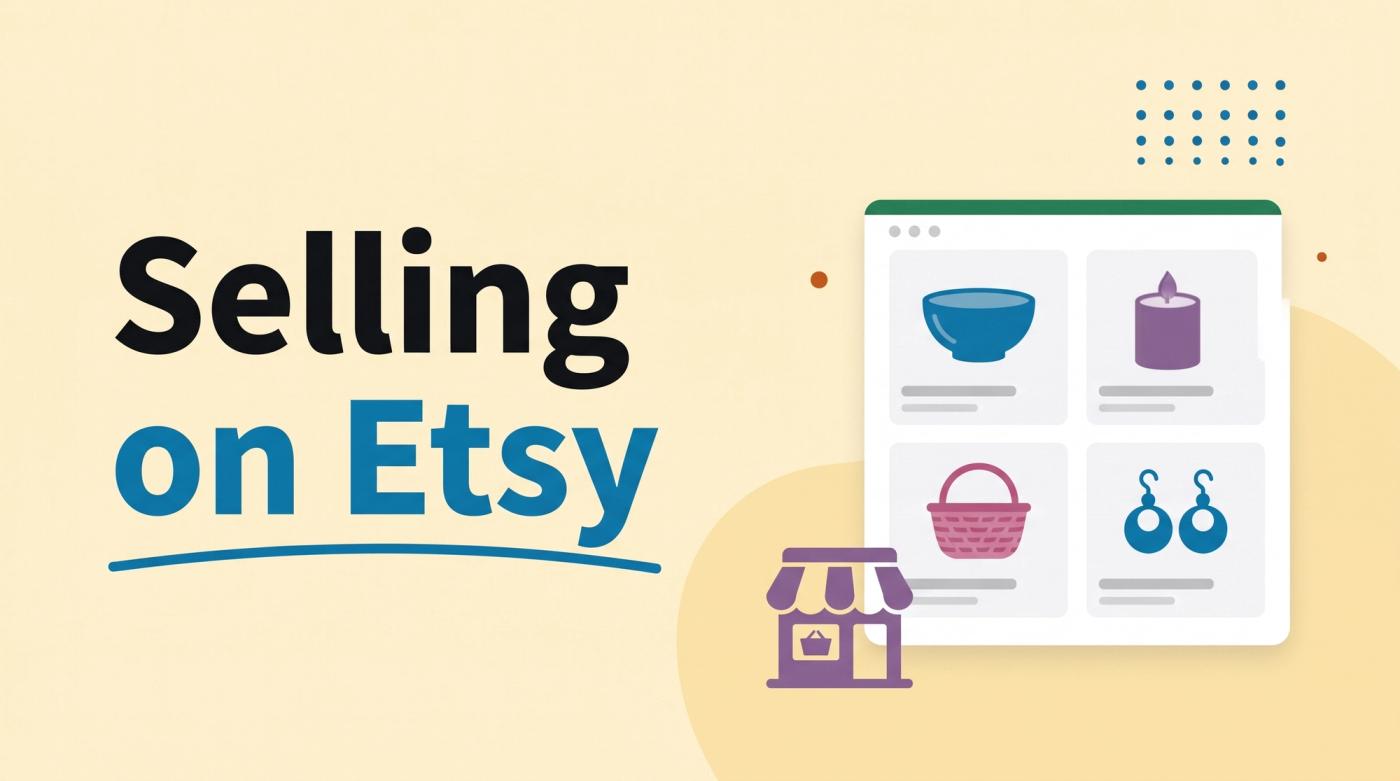 Illustrated title card reading 'Selling on Etsy' beside handmade product tiles and a storefront icon