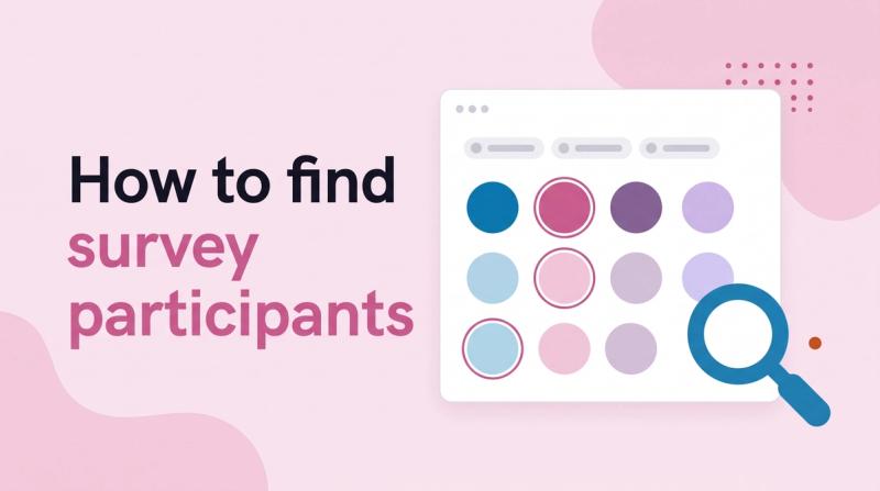 Illustrated title card reading 'How to find survey participants' beside a grid of avatar circles with filter chips and a magnifying glass