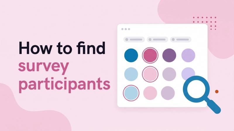 Illustrated title card reading 'How to find survey participants' beside a grid of avatar circles with filter chips and a magnifying glass