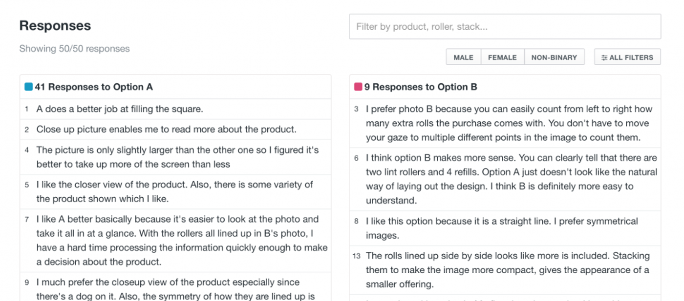 PickFu open-ended responses comparing two lint roller product photos, split by option