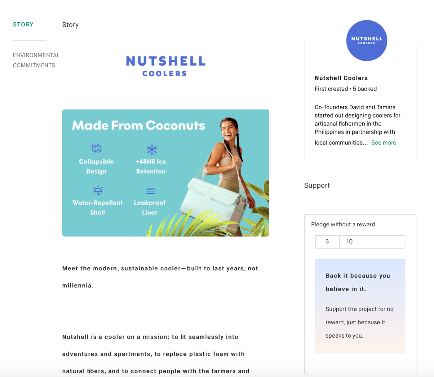 Nutshell Coolers Kickstarter campaign page, made from coconuts