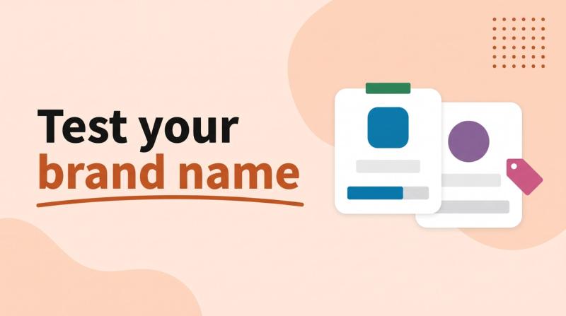 Illustrated title card reading 'Test your brand name' beside two cards with blank name bars and abstract marks, with vote bars