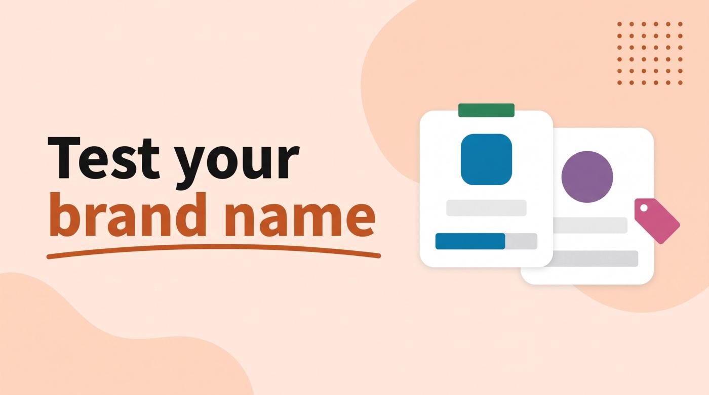 Illustrated title card reading 'Test your brand name' beside two cards with blank name bars and abstract marks, with vote bars