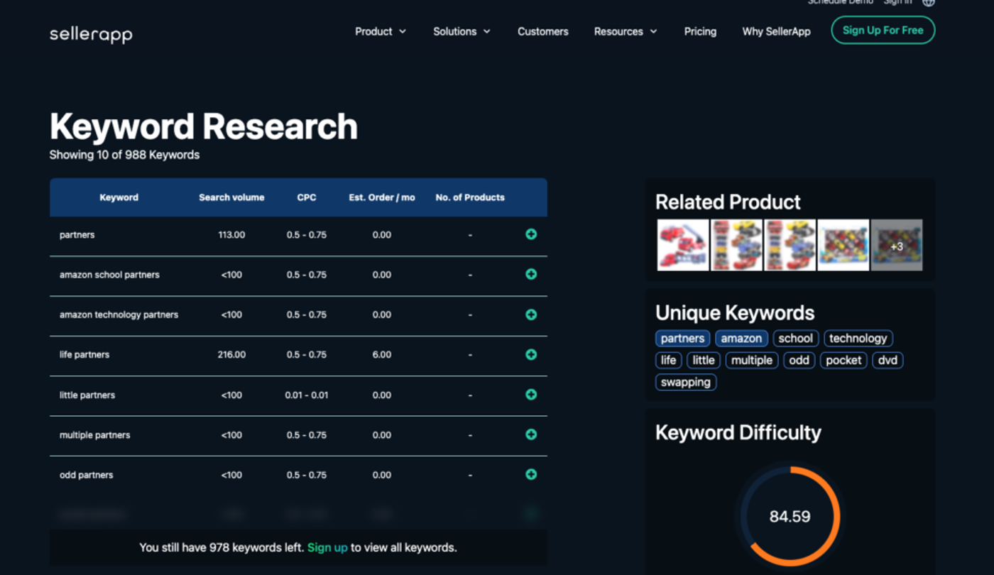 Seller-app-amazon-keyword-tool-showing-keyword-data-for-"amazon"-query