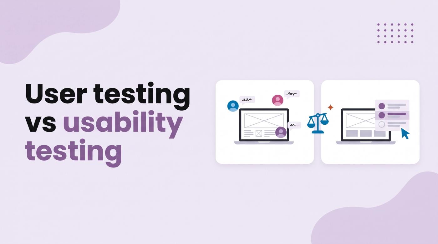 Illustrated title card reading 'User testing vs usability testing' beside two cards, one with a laptop and avatars and one with a laptop and a checklist