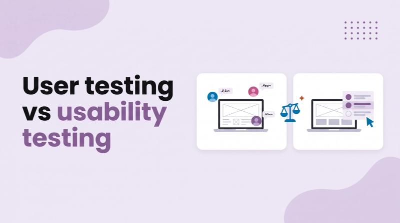 Illustrated title card reading 'User testing vs usability testing' beside two cards, one with a laptop and avatars and one with a laptop and a checklist