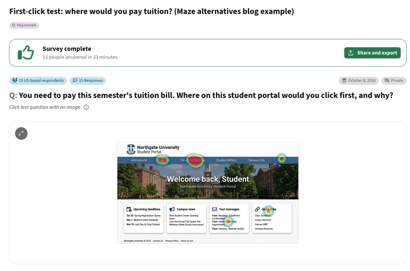PickFu first-click test results for a university student portal
