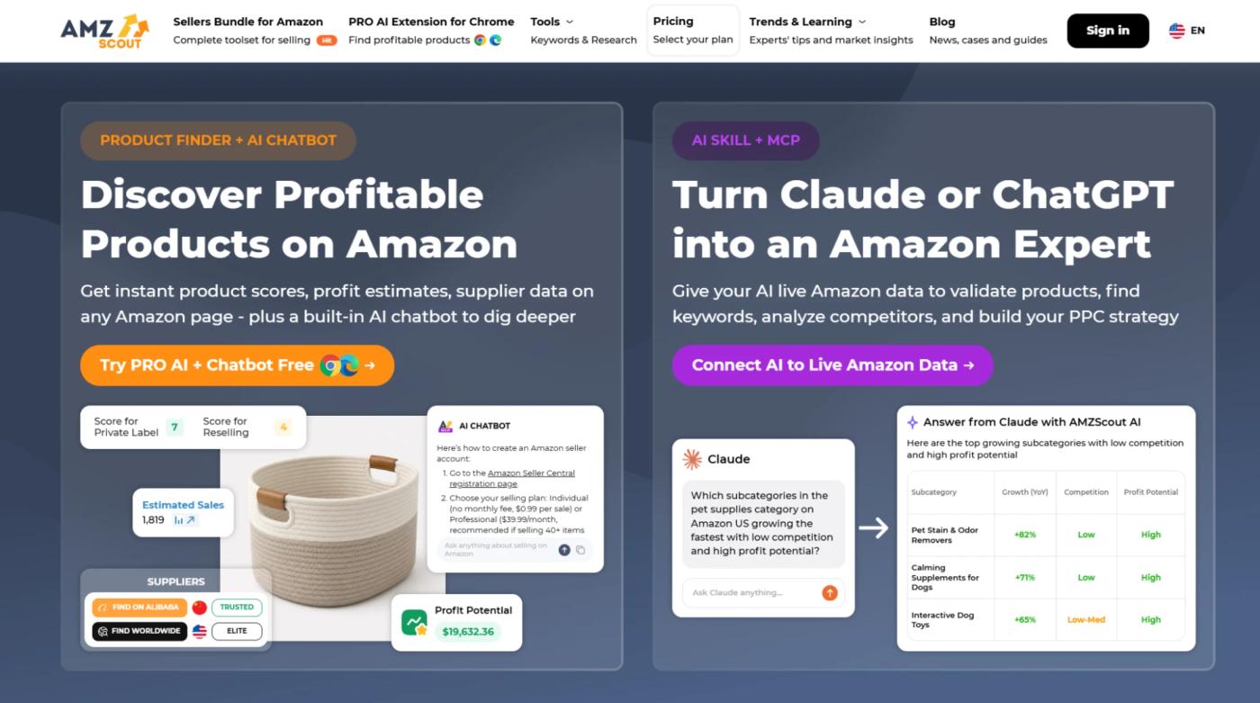 AMZScout homepage showing the PRO AI Extension and AI Skill + MCP