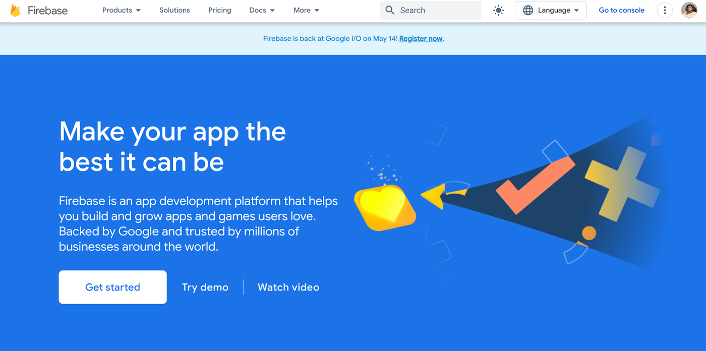 Screenshot of Firebase website, desktop