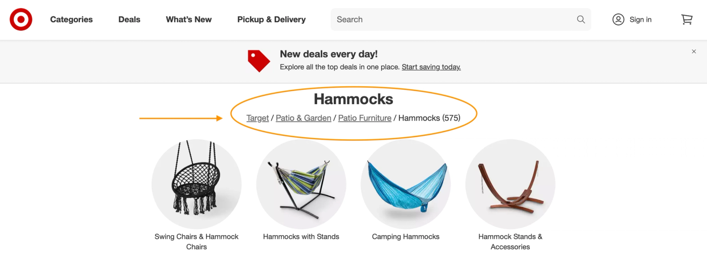 Screenshot of Target's website navigation using breadcrumbs