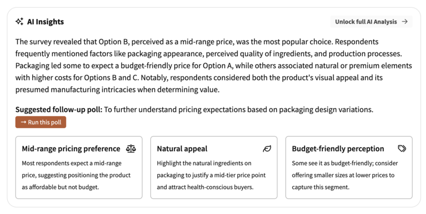 An AI Insights report on a packaging test in PickFu