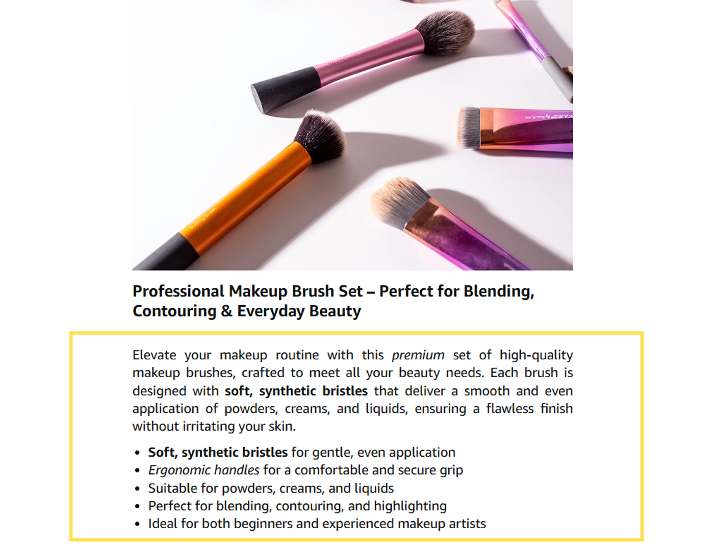 EBC make-up brush example, with a very detailed list of things the brush is capable of.