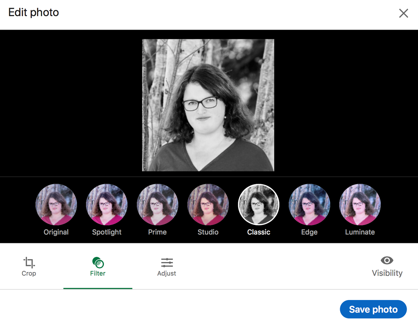 A screenshot of LinkedIn's six filters for a profile photo.
