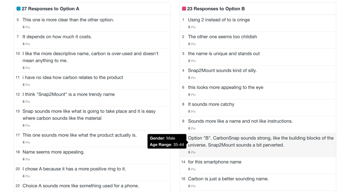 PickFu and crowdfunding: screenshot of respondents' comments