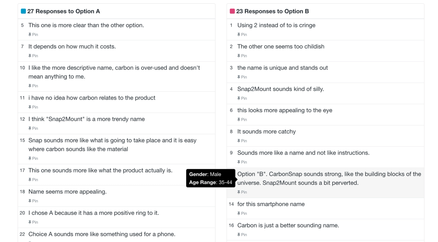 PickFu and crowdfunding: screenshot of respondents' comments