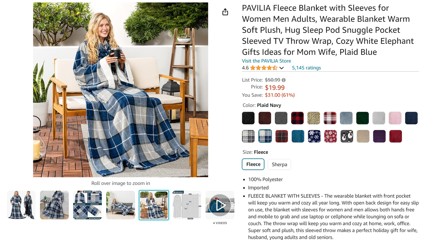 An amazon product page of a fleece blanket with sleeves showing different colours and pictures