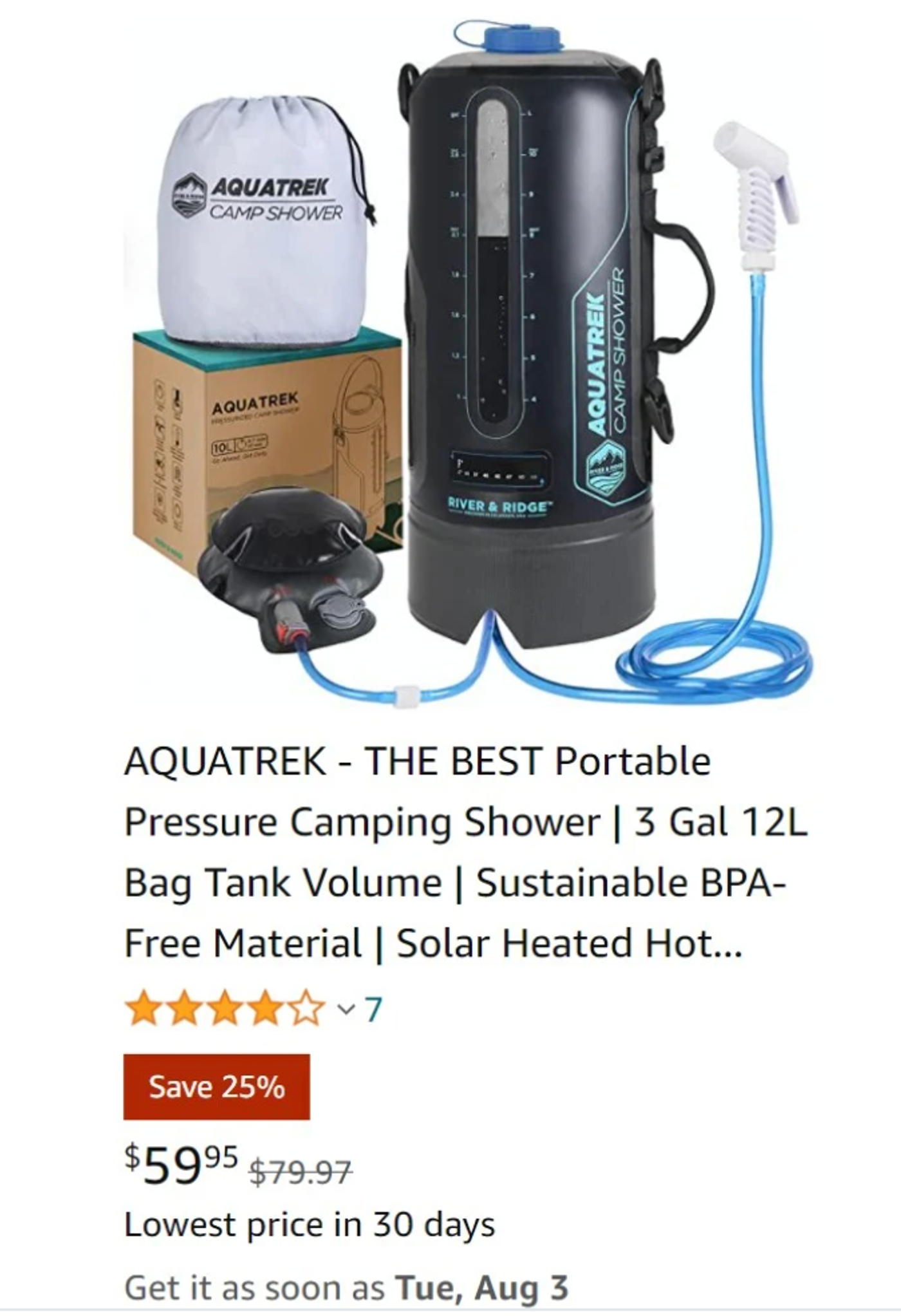 Amazon listing for an Aquatrek portable pressure camping shower with a 25% off badge