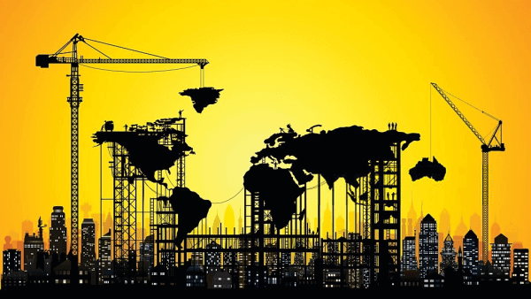 A set of cranes and buildings overlayed on a world map that's yellow to showcase our inter-connectedness