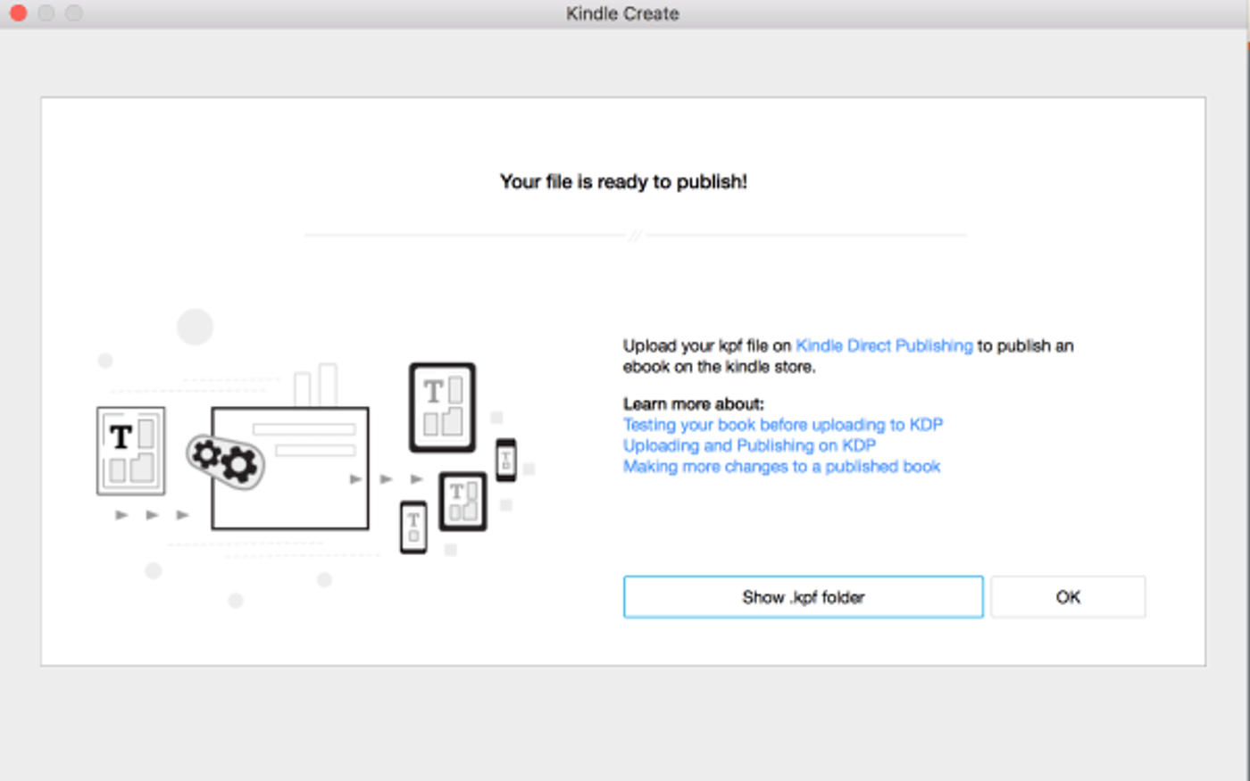 Kindle Create dialog confirming the file is ready to publish