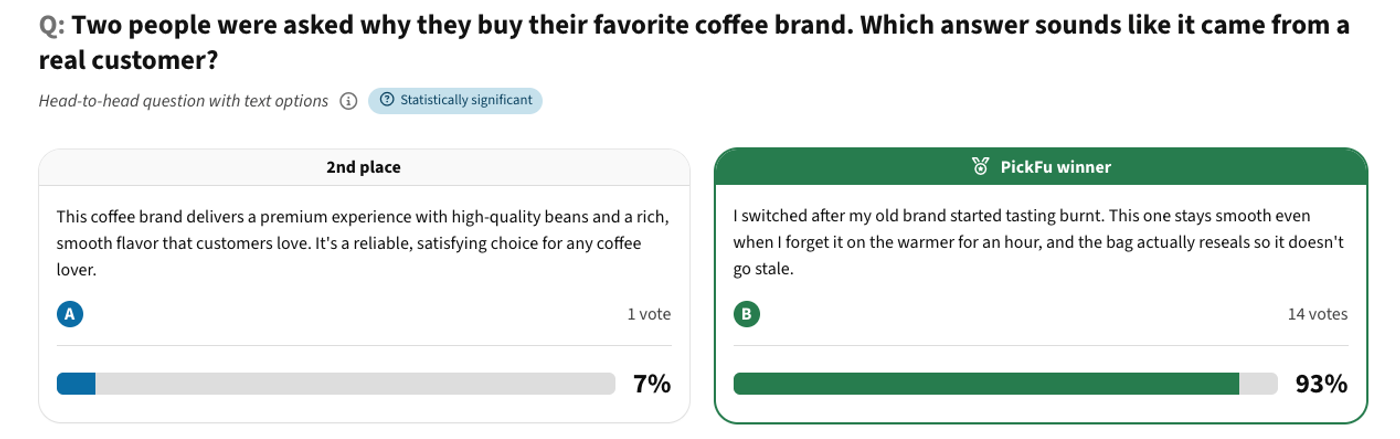 real customer vs ai answer test pickfu results