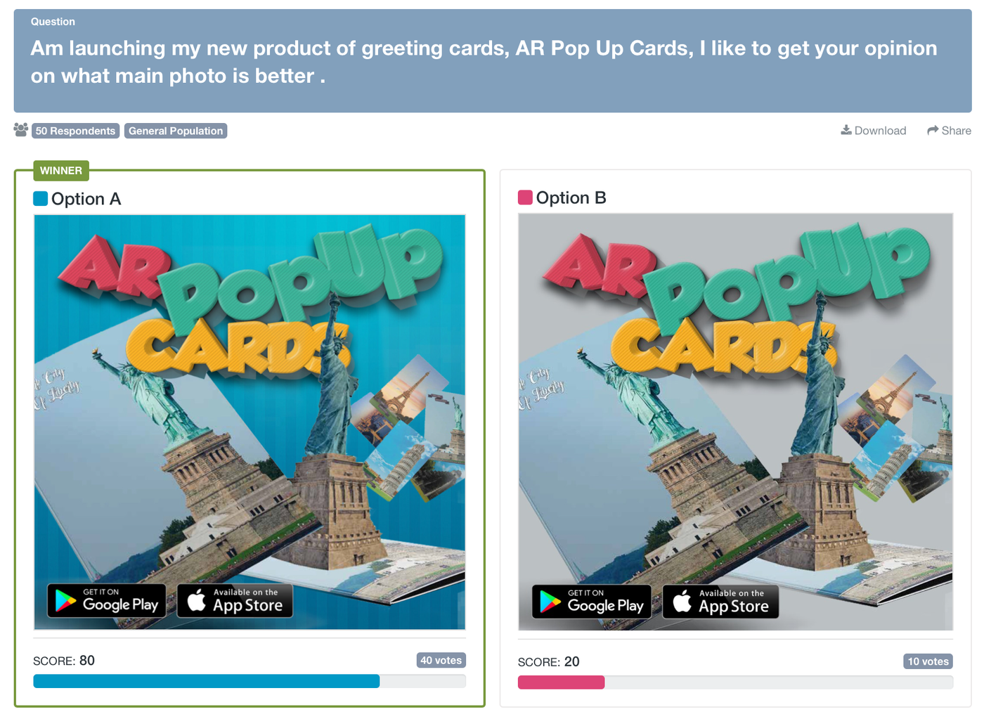 A screenshot of a PickFu poll showing two different main images for pop-up-greeting cards.
