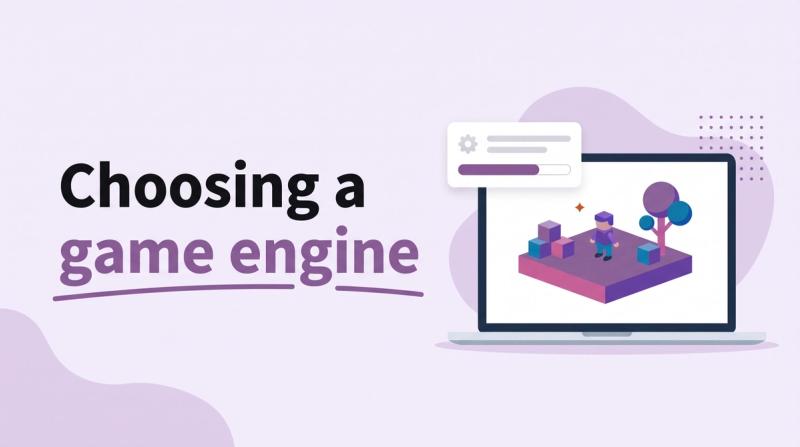 Illustrated title card reading 'Choosing a game engine' beside a laptop showing a blocky 3D game scene and a floating settings card