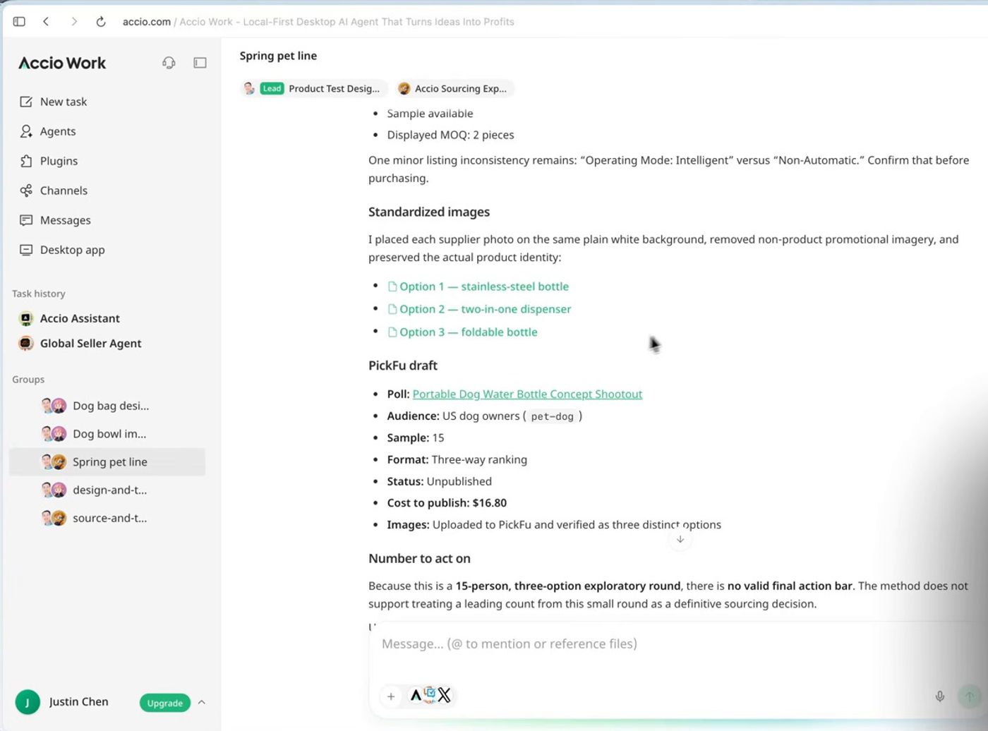PickFu draft poll prepared by the Product Test Designer inside an Accio chat, showing audience, sample size, format, and cost