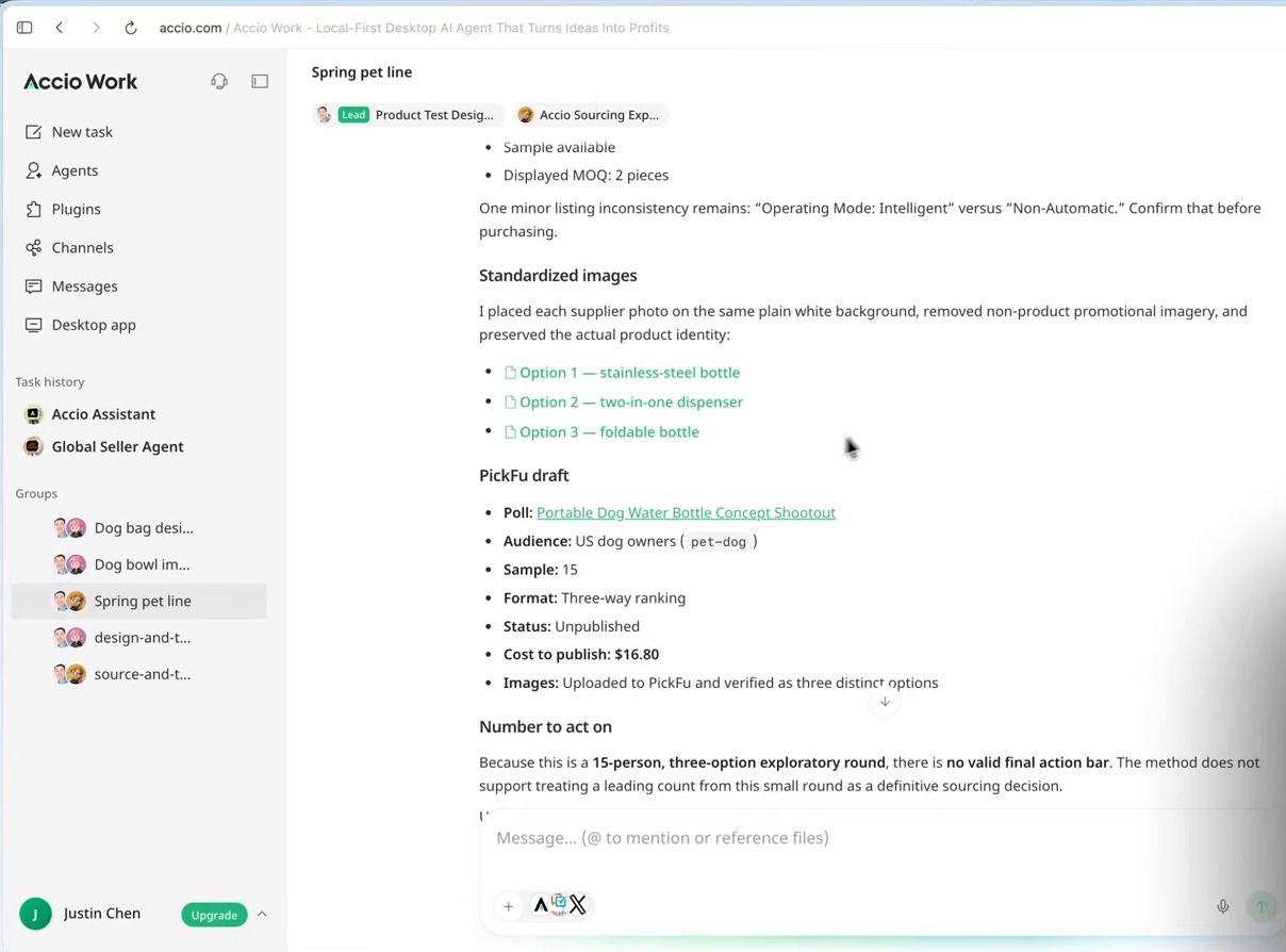 PickFu draft poll prepared by the Product Test Designer inside an Accio chat, showing audience, sample size, format, and cost