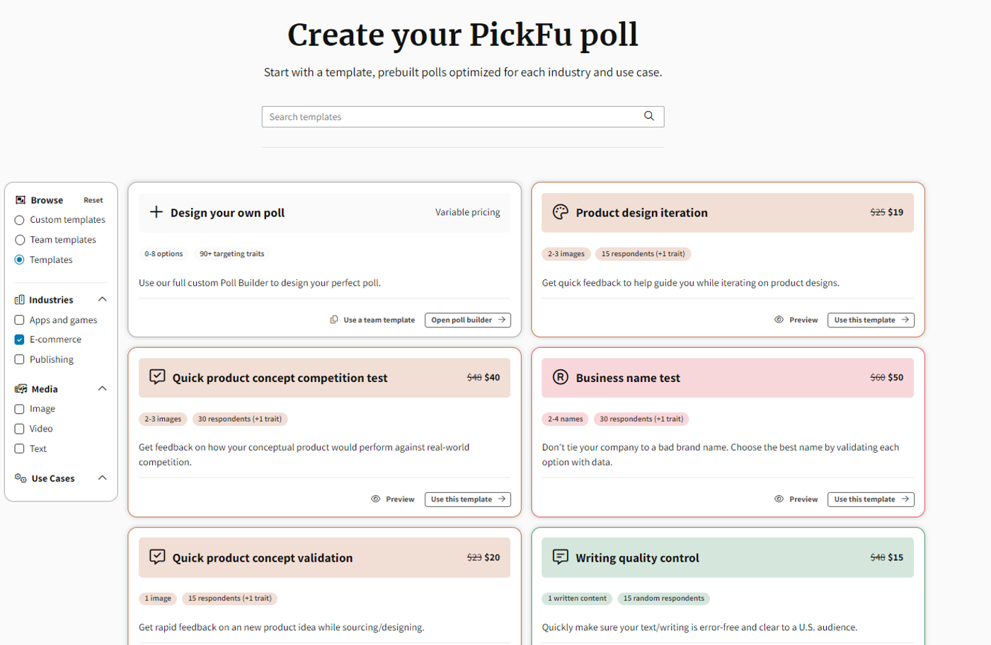 An image of a "Choosing a template from PickFu's survey builder".