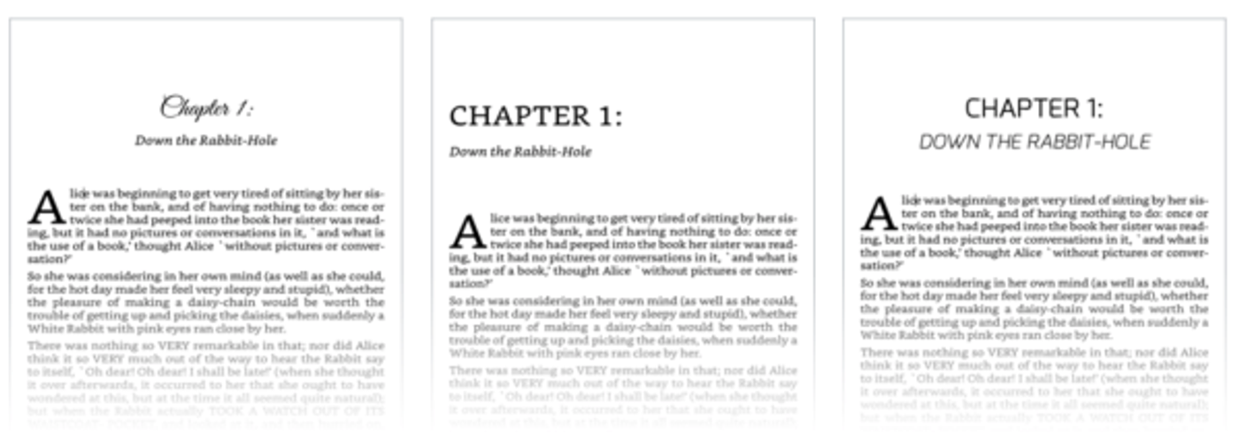 Three chapter opening pages showing different drop cap styles