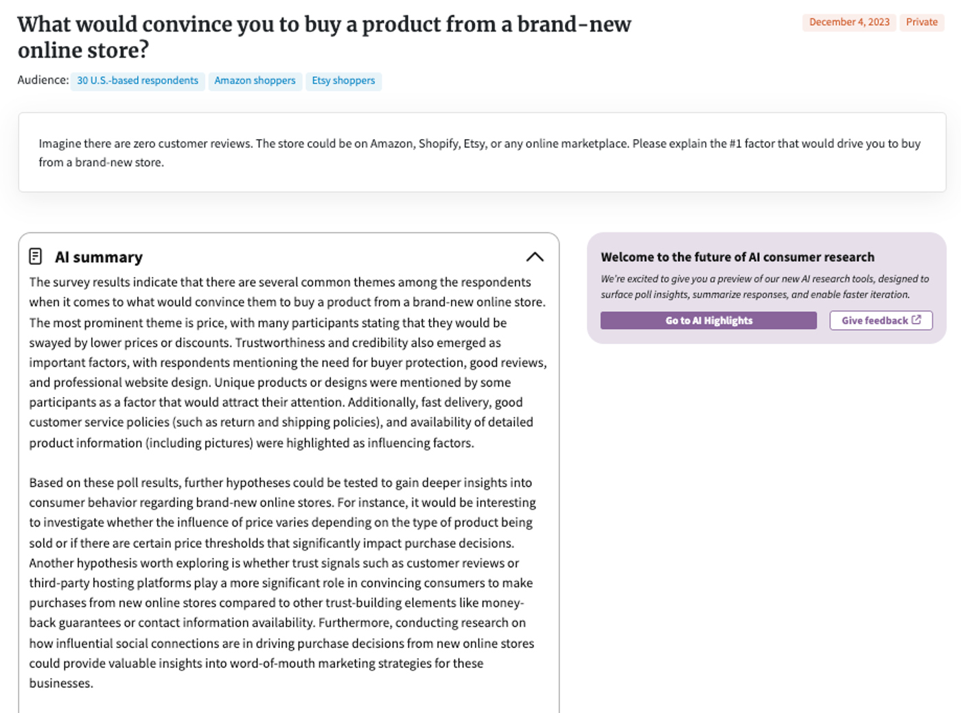 Etsy vs. Walmart shoppers summary AI from a PickFu poll