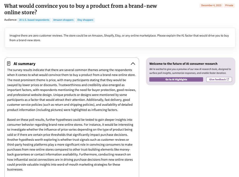 Etsy vs. Walmart shoppers summary AI from a PickFu poll