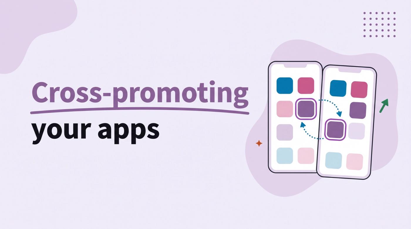 Illustrated title card reading 'Cross-promoting your apps' beside two phones with app icons linked by curved arrows