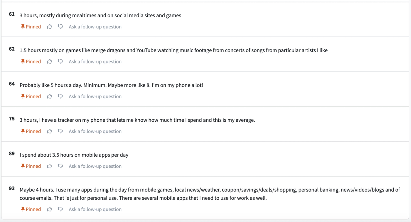 Screenshot of poll comments from PickFu poll asking how many hours a day people spend using mobile apps