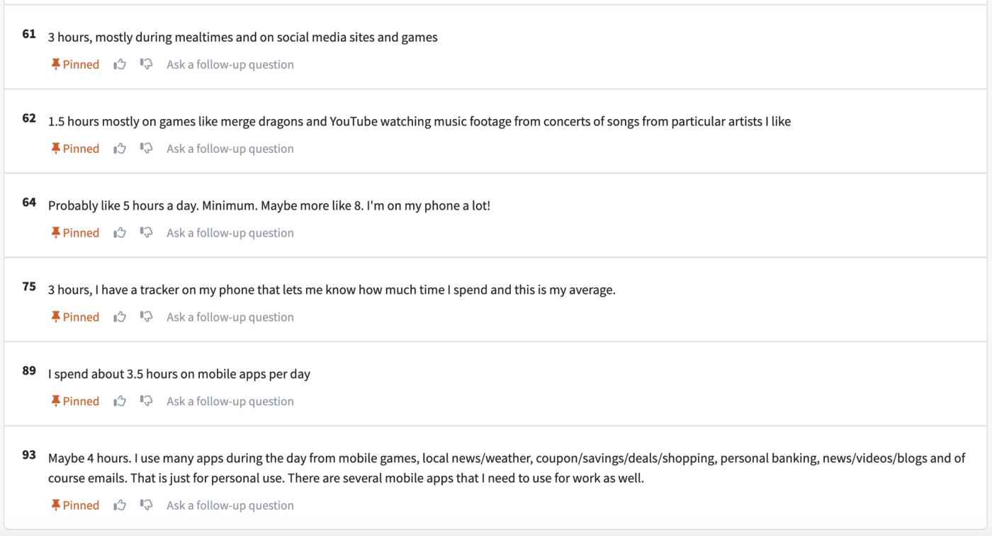 Screenshot of poll comments from PickFu poll asking how many hours a day people spend using mobile apps
