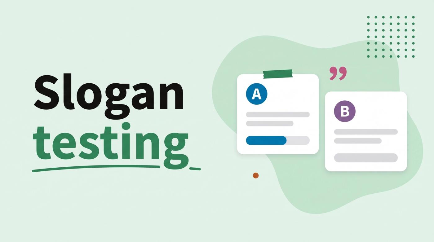 Illustrated title card reading 'Slogan testing' beside two A and B cards with text bars and vote bars