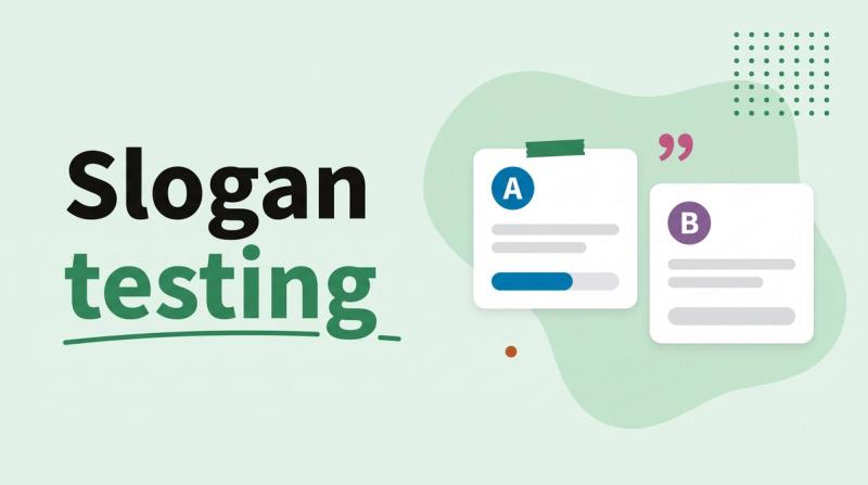 Illustrated title card reading 'Slogan testing' beside two A and B cards with text bars and vote bars