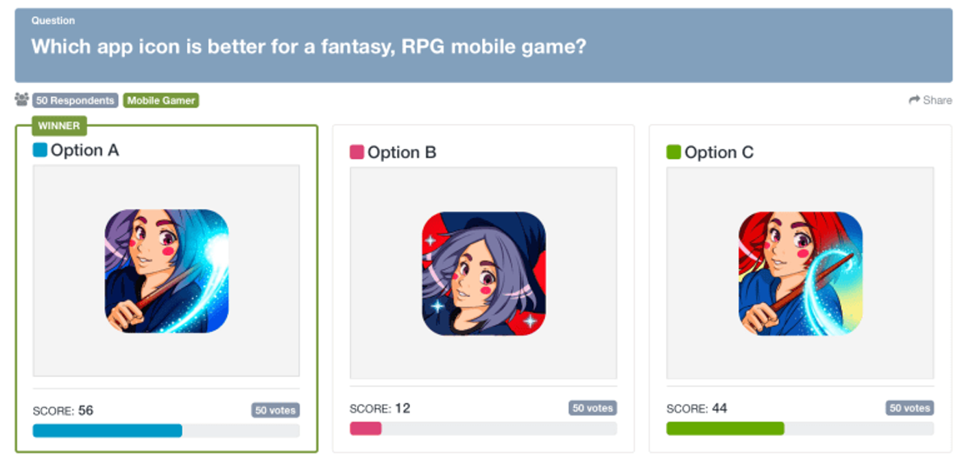 user vs. usability testing: screenshot of a PickFu poll for a mobile gaming app icon