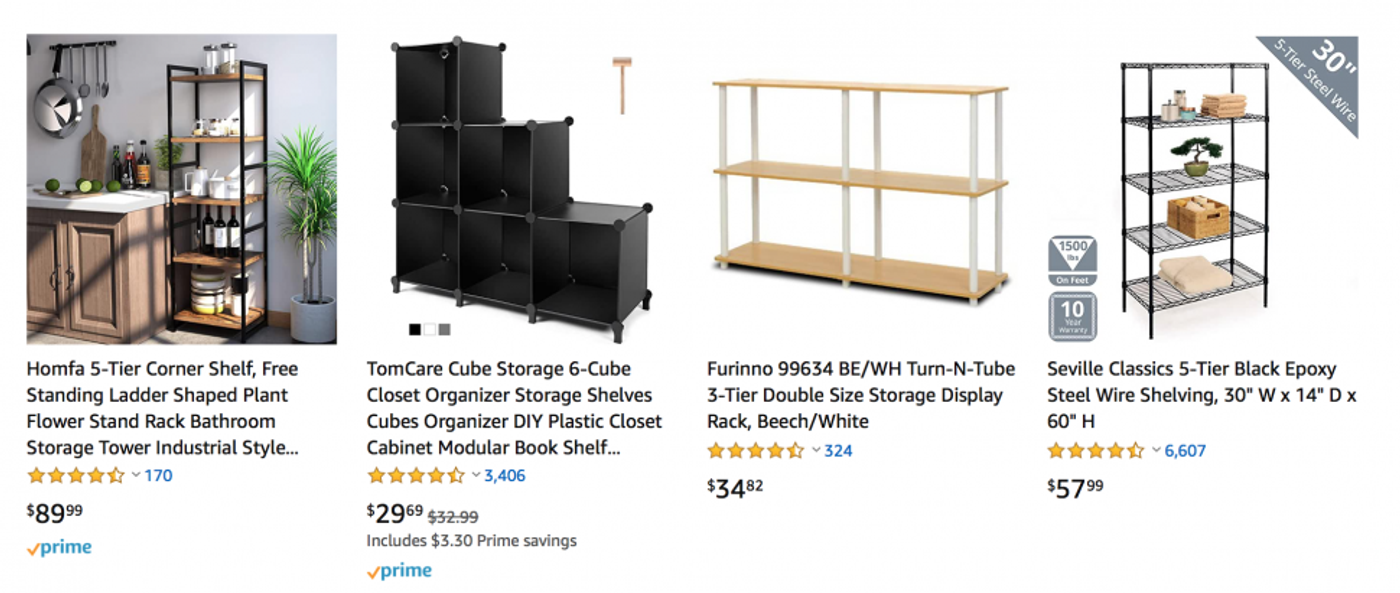 Amazon search results for shelving units