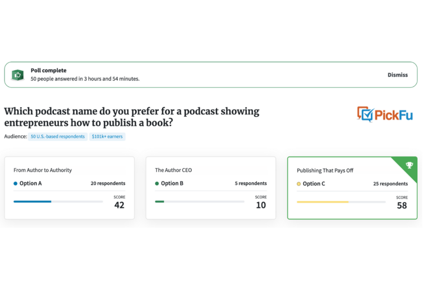PickFu poll comparing three podcast name options for a show about publishing a book