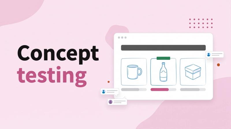 Illustrated title card reading 'Concept testing' beside an app window with three product concept sketches and vote bars