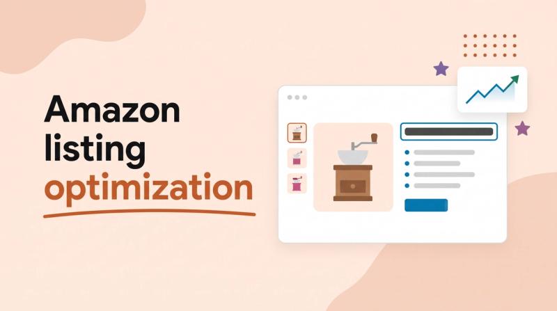Illustrated title card reading 'Amazon listing optimization' beside a listing window with a highlighted title, images and bullet bars, and a rising chart